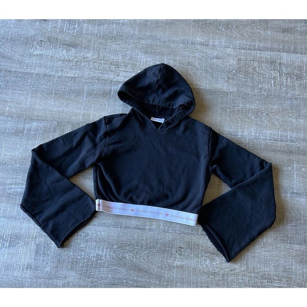 ▶️ Chiara Ferragni Cropped Hoodie Womens XS Black Logo Bell Sleeve Pullover
